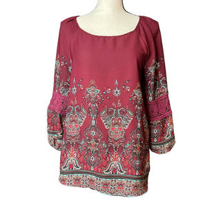 CATO Blouse in Burgandy w/Abstract Print Crochet Detail on Sleeves Size Medium